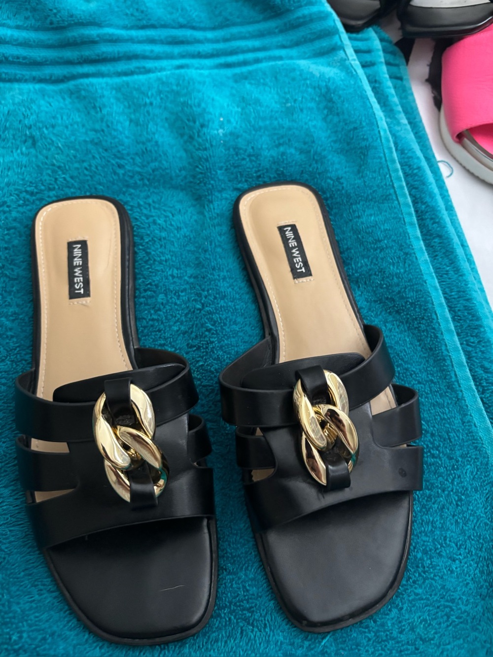 3 Nine West Slide Mules with Gold Chain link. Bundle package.